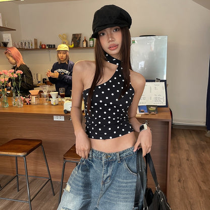 Backless slimming hanging neck polka dot print versatile top for women's clothing