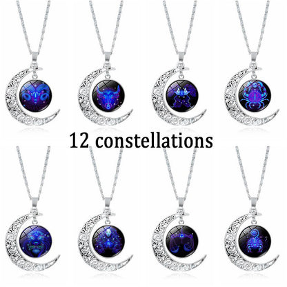 Cross-Border Hot Selling 12 Constellation Necklace Twelve Zodiac Signs Time Gem Moon Glass Pendant European and American Necklace Wholesale