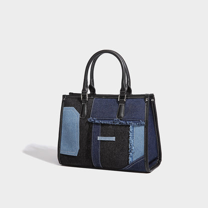 Spliced Denim Tote Bag with Adjustable Strap