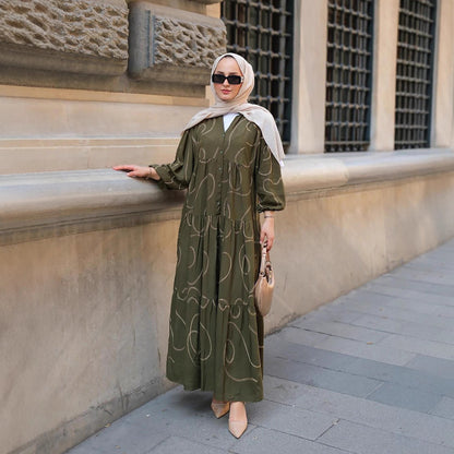 V-Neck Printed Loose Patchwork Long Dress