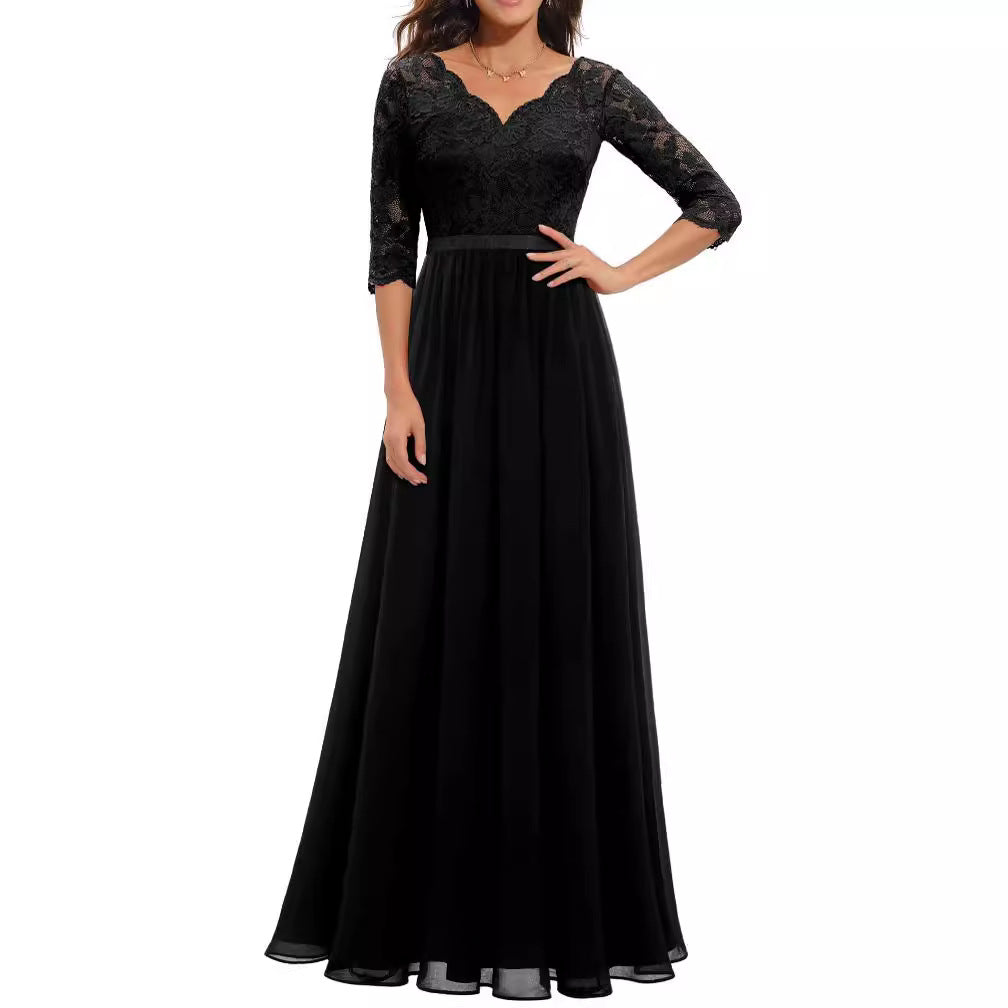 Lace Splicing Long Waist-Cinching Dress