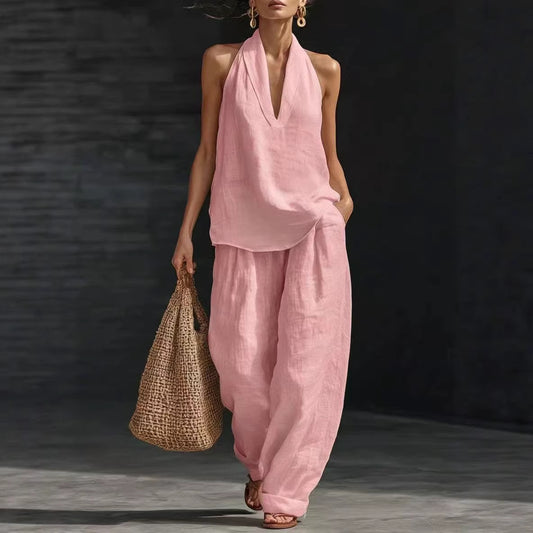 Womens Halter Neck Sleeveless Casual Two-Piece Set