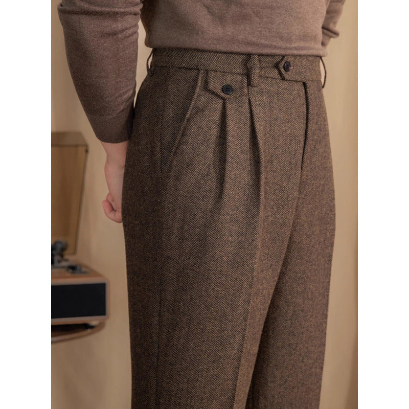 Men's Wool Blend Herringbone Straight Leg Trousers