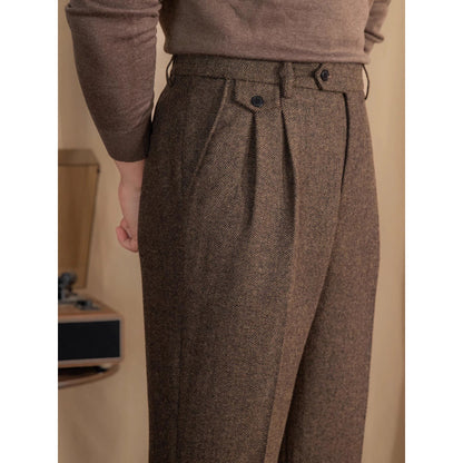 Men's Wool Blend Herringbone Straight Leg Trousers