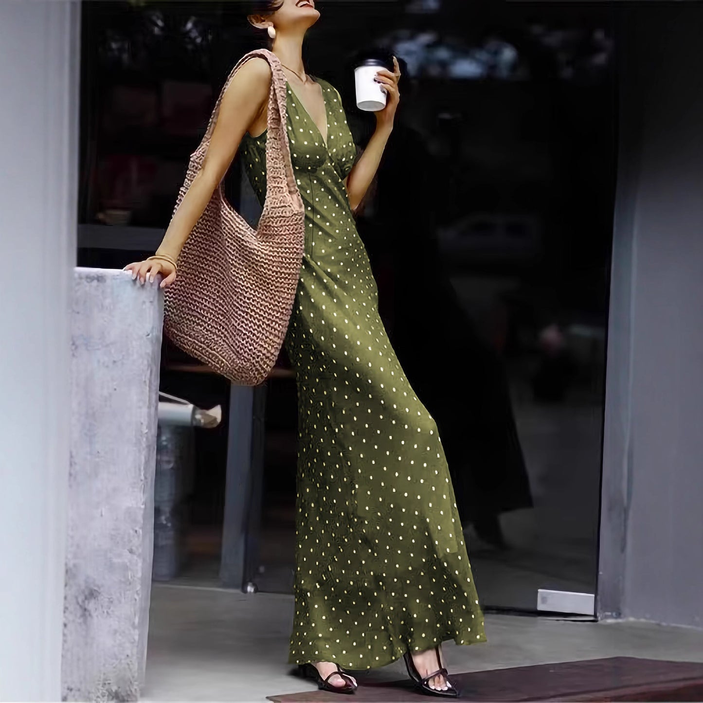 Satin Polka Dot Lace-up Waist Dress