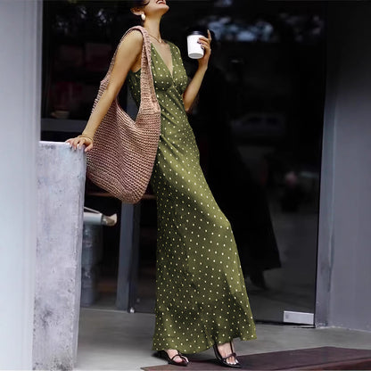 Satin Polka Dot Lace-up Waist Dress