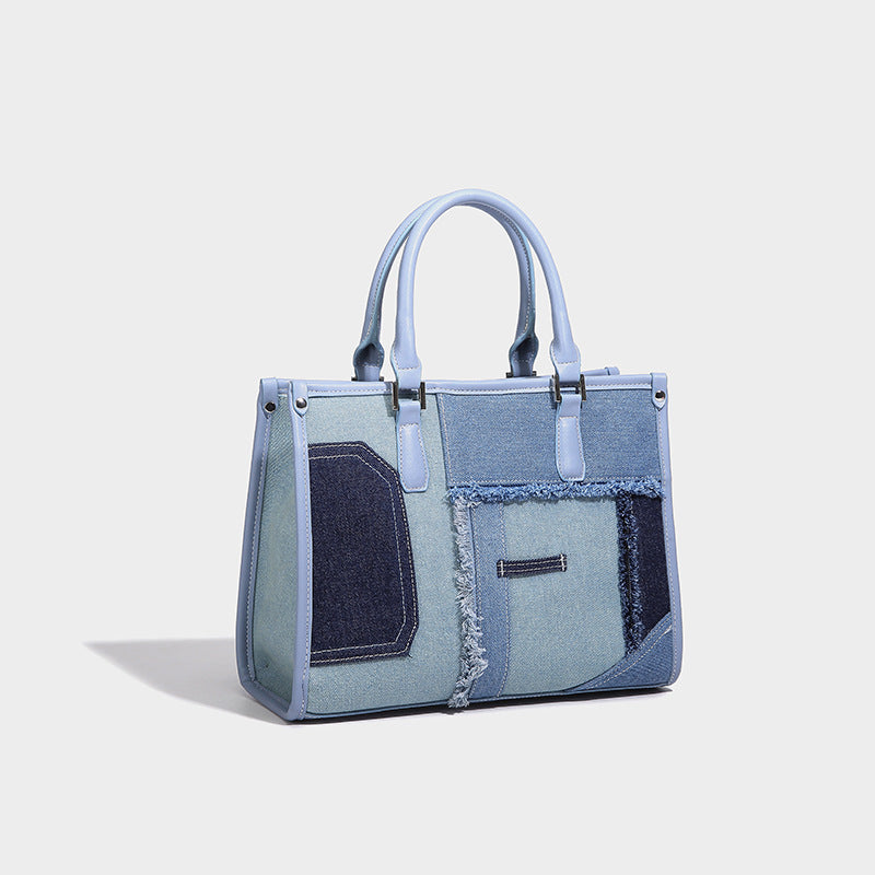 Spliced Denim Tote Bag with Adjustable Strap