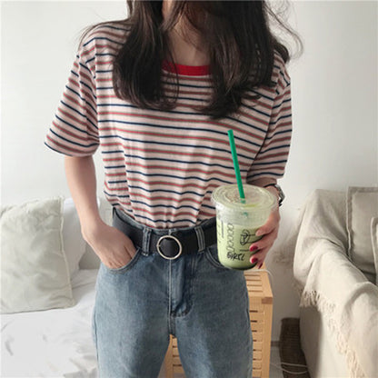 Casual Stripe Short Sleeve T-Shirt for Women, Loose Fit, Student Fashion Top, Basic Innerwear