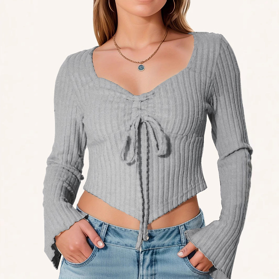 V-neck drawstring flared sleeve women's clothing