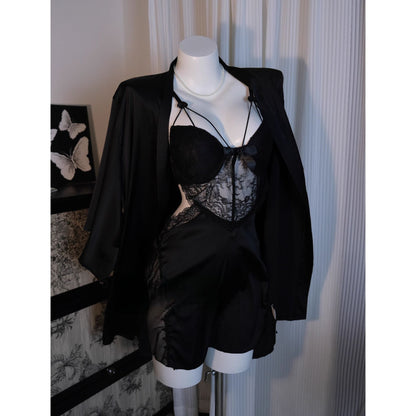 Lace Trim Ice Silk Pajama Set with Robe