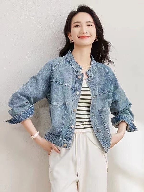 Vintage Washed Denim Stand Collar Jacket