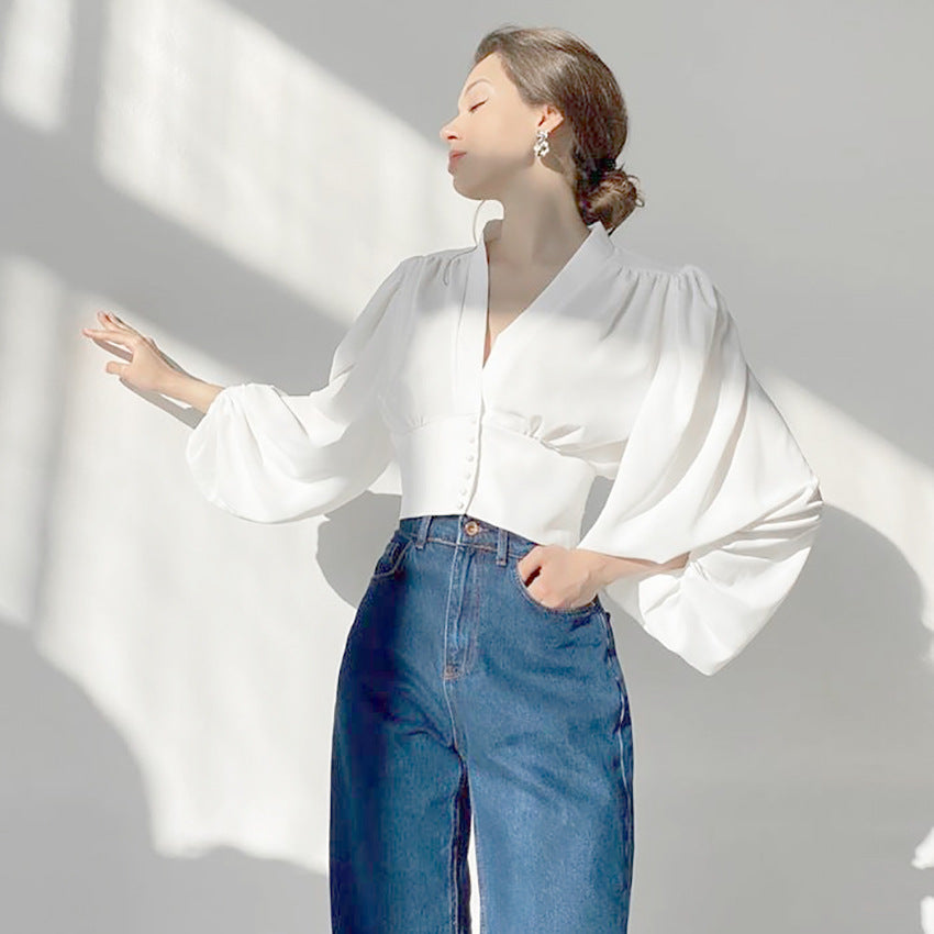 Womens Lantern Sleeve V-Neck Blouse