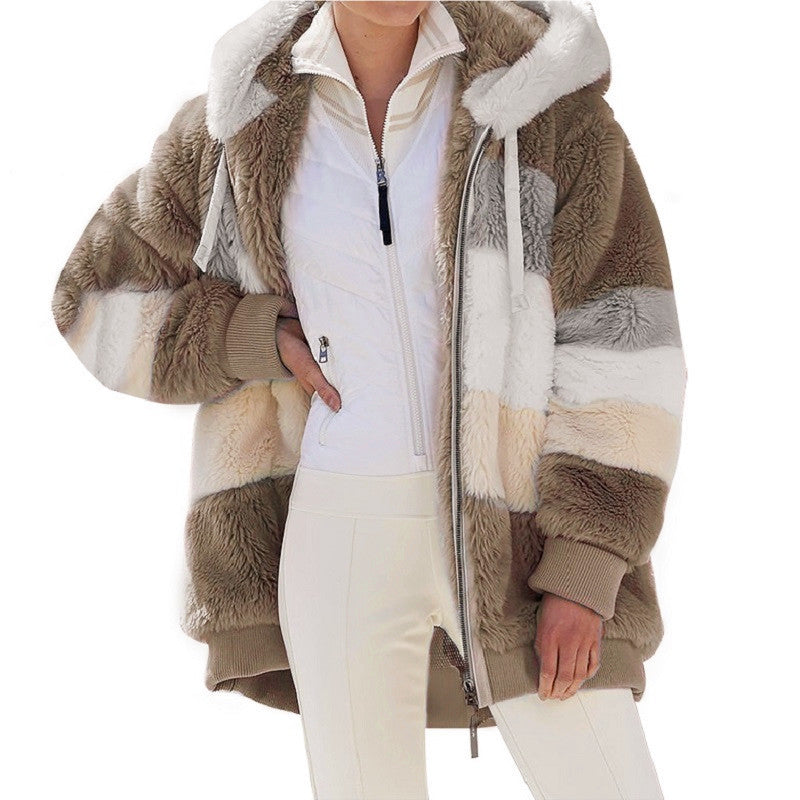 Zipper Pocket Hooded Loose Coat Women