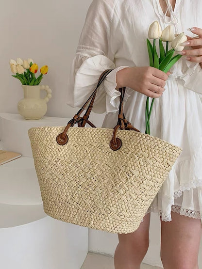 Handmade straw woven large capacity shoulder bag
