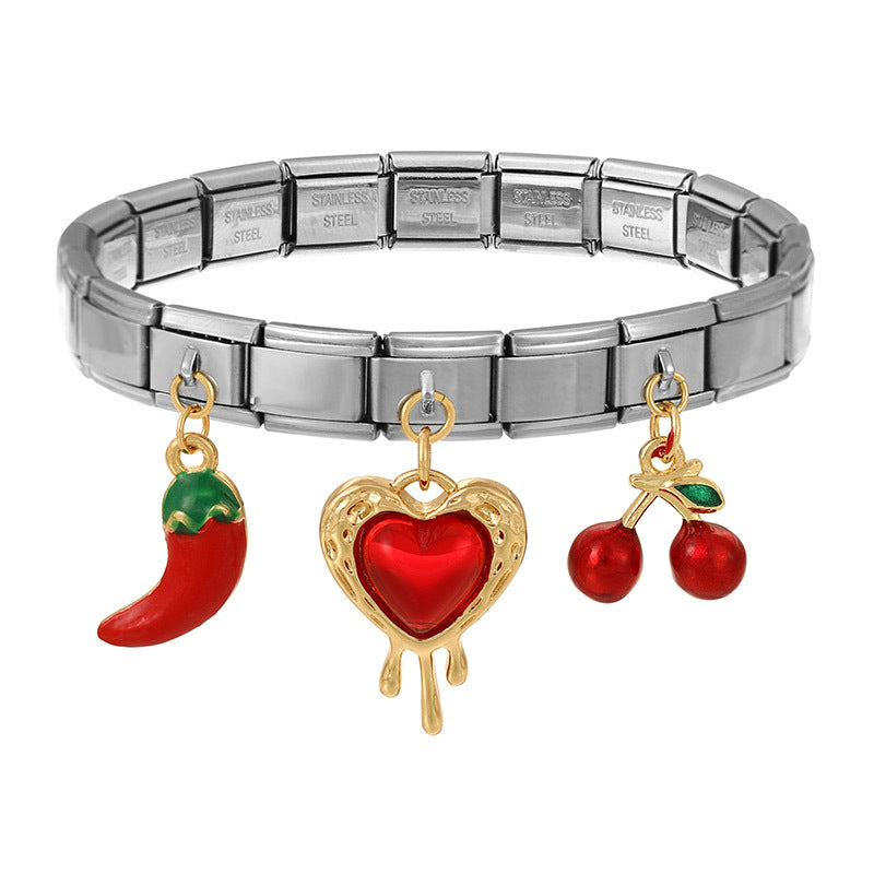 Titanium Steel Oil Dripping Bracelet with Heart Fruit Pendant