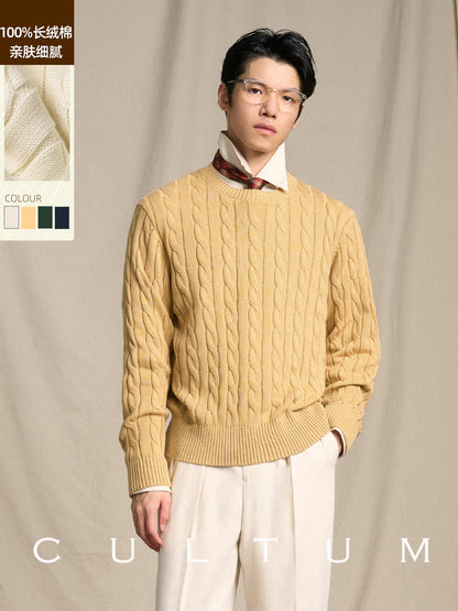 Vintage Cable Knit Cotton Sweater Mens Casual Pullover