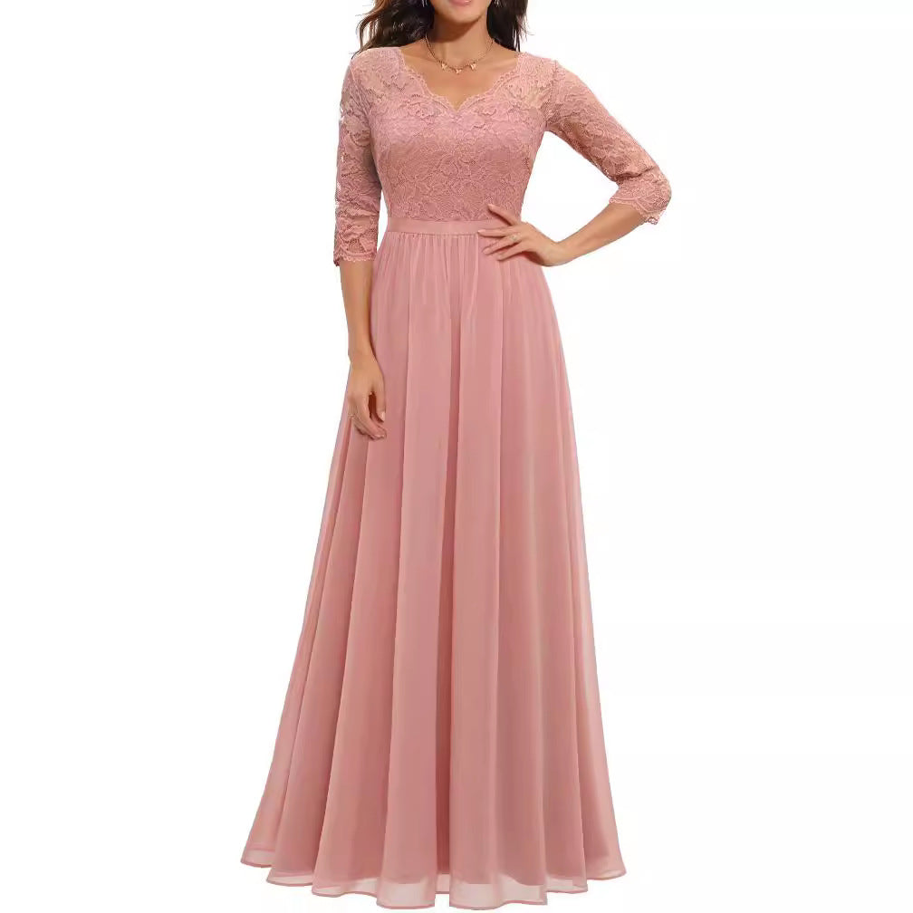 Lace Splicing Long Waist-Cinching Dress
