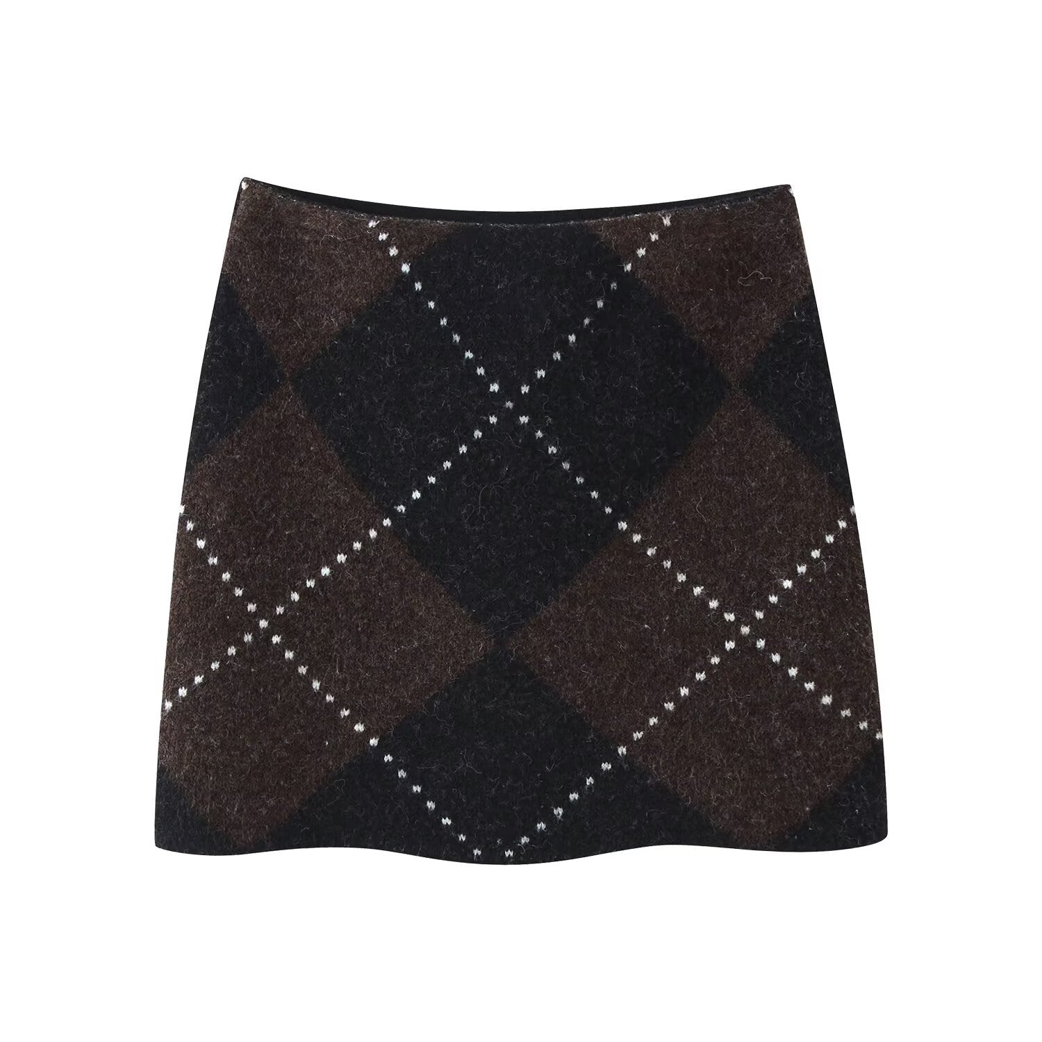 High-neck plaid pullover knit top and skirt