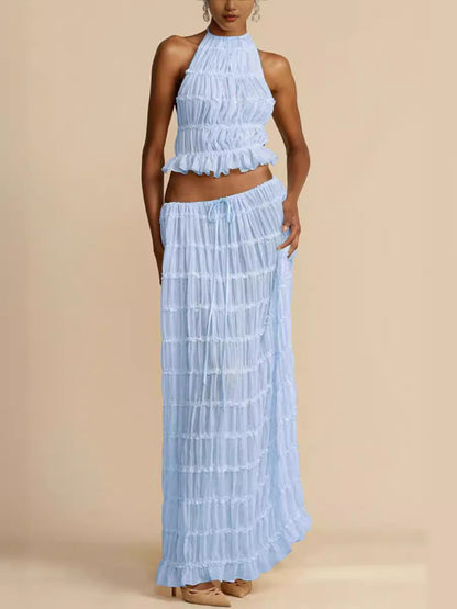 Lace-trimmed halter long dress