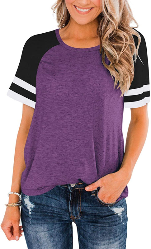 T-Shirt Summer Round Neck Stitching Short Sleeve Striped Contrast Color Loose Plus Size Women's Clothing