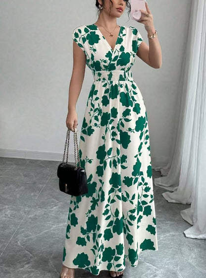 Floral Print V-Neck Lace-Up A-Line Dress