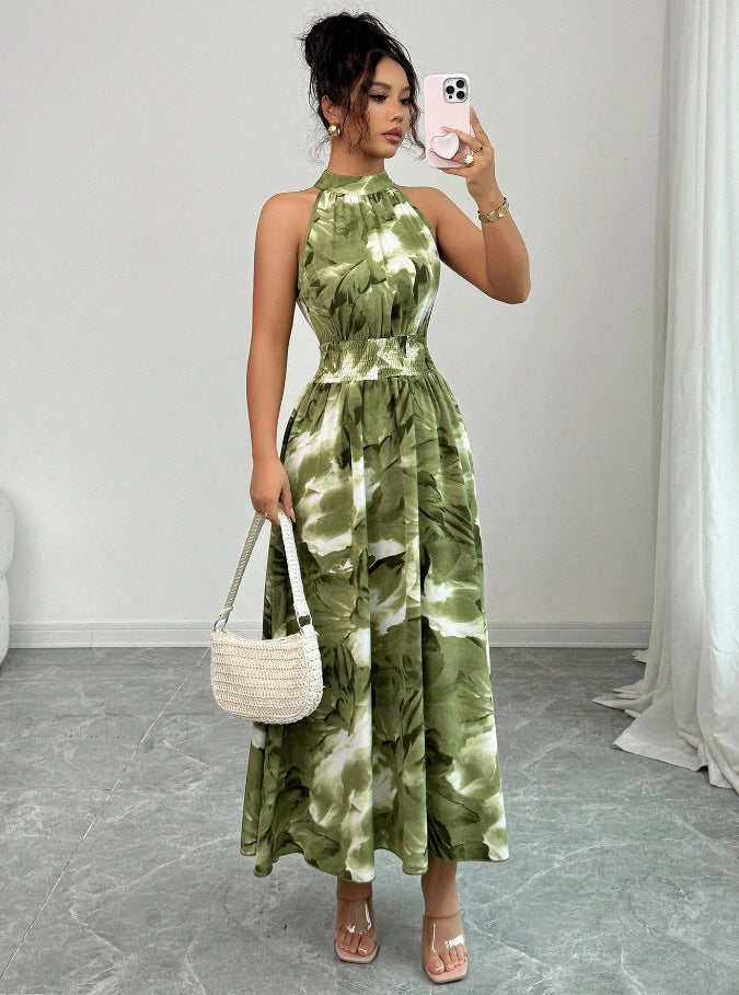 Floral Print Stand Collar A-Line Dress