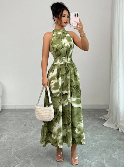 Floral Print Stand Collar A-Line Dress