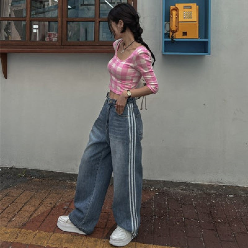 Adjustable Waist Wide Leg Denim Pants