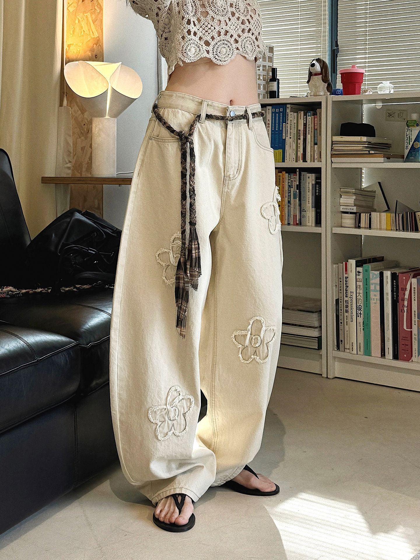Floral Applique High Waist Wide Leg Denim Pants