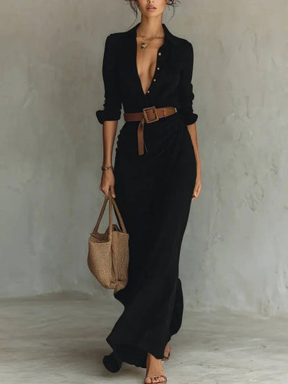Elegant Pleated Belted Midi Dress