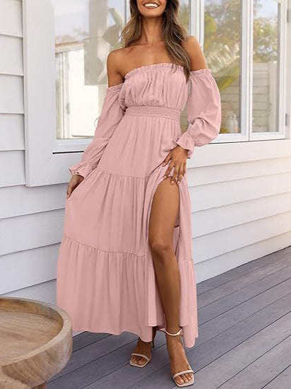Bohemian Off-Shoulder Smocked Tiered Long Dress