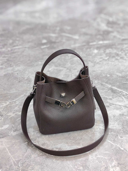 Genuine Leather Bucket Bag with Magnetic Closure