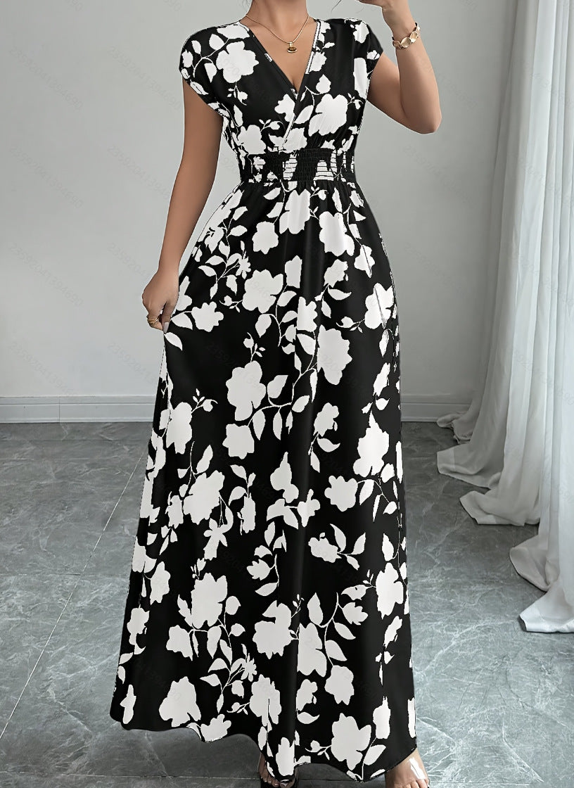 Floral Print V-Neck Lace-Up A-Line Dress