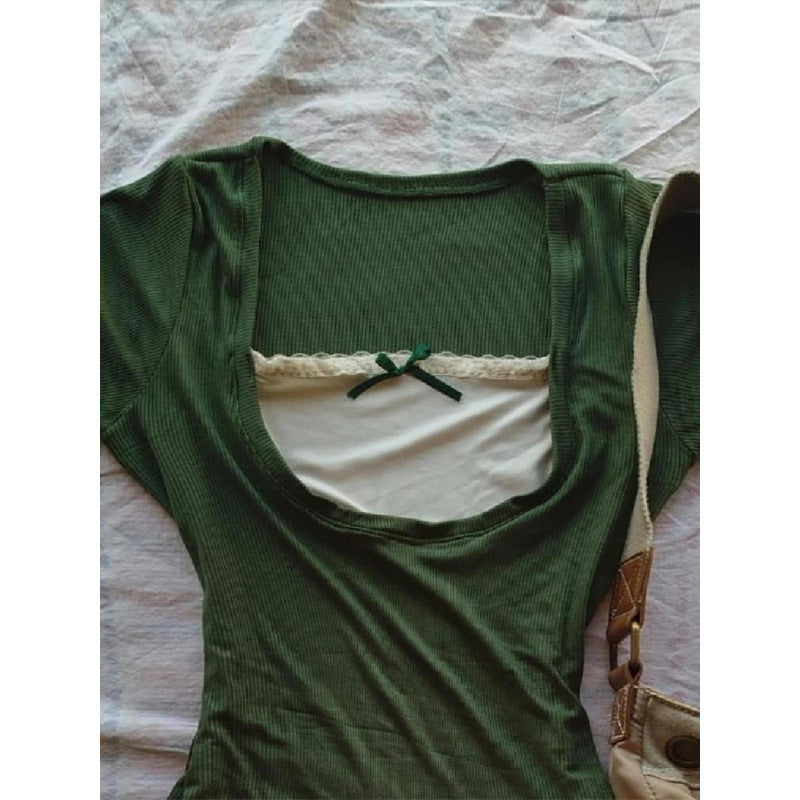 Vintage Green Lace Square Neck Short Sleeve Top