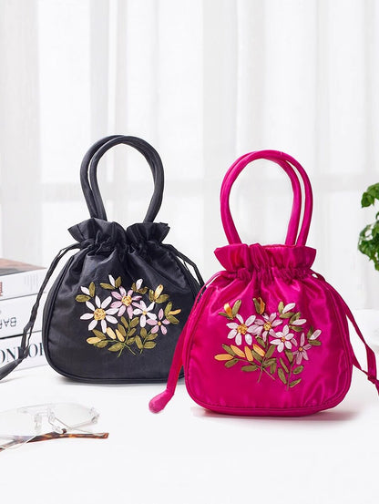 Hand-Embroidered Drawstring Bucket Bag