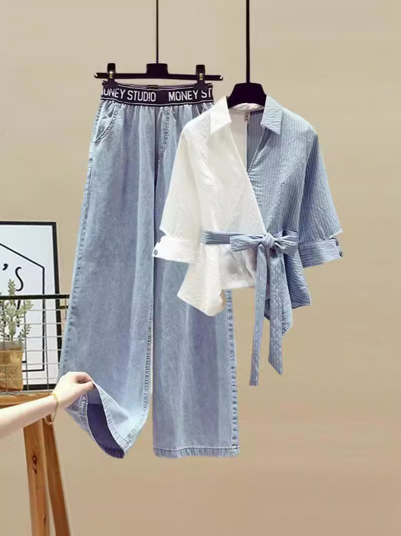 Women's Color-Block Shirt and Jeans Two-Piece Set