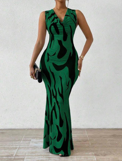 Women's V-Neck Pullover Dress with 3D Print