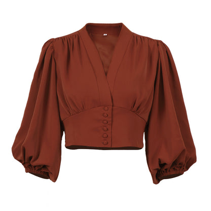 Womens Lantern Sleeve V-Neck Blouse