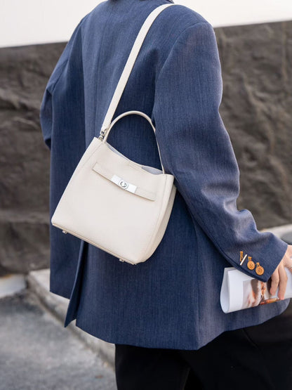 Genuine Leather Bucket Bag with Magnetic Closure