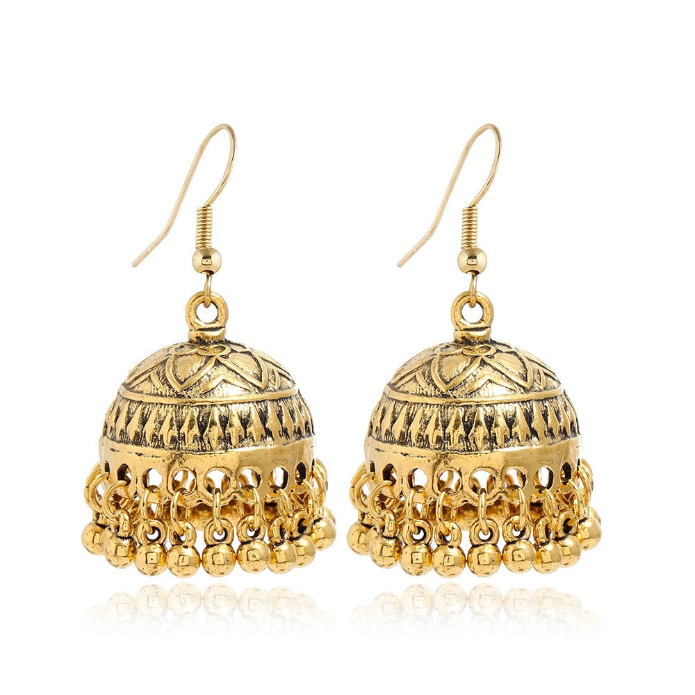 Bohemian ethnic carved retro patterns, creative bell earrings, exaggerated and personalized ethnic style earrings from Europe and America