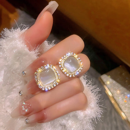 S925 Silver Needle Cat's Eye Small Earrings Female Geometric Square Love Diamond Earrings Simple Atmosphere Earrings