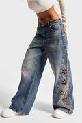 Embroidered High-Waisted Loose Denim Pants