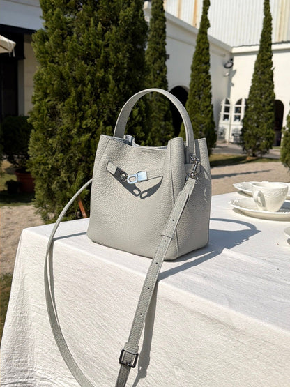 Genuine Leather Bucket Bag with Magnetic Closure