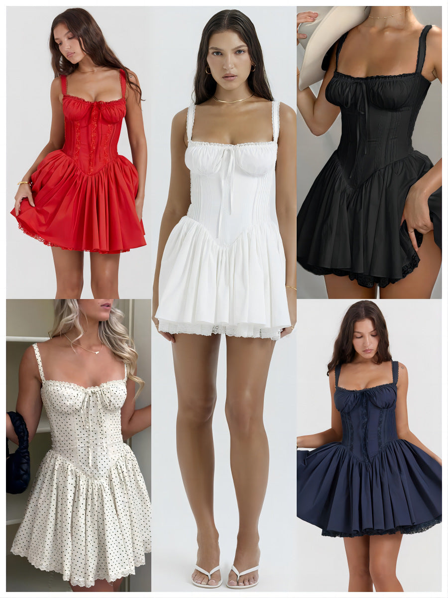 Lace-trimmed slip dress with a cinched waist and open back