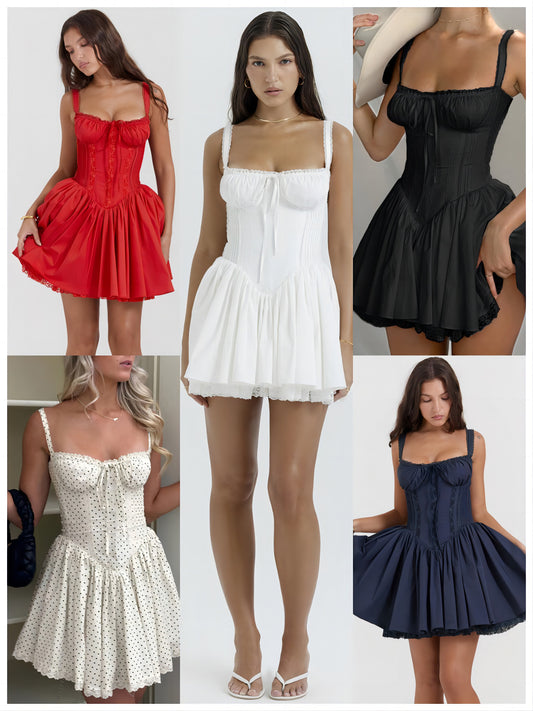 Lace-trimmed slip dress with a cinched waist and open back