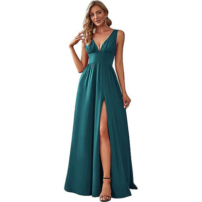 Elegant Sleeveless Long Swing Dress with Deep V Neck
