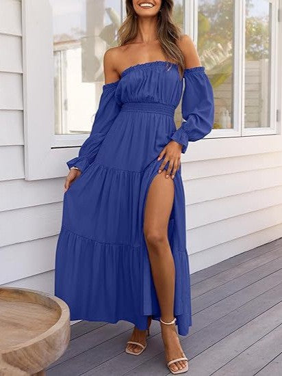 Bohemian Off-Shoulder Smocked Tiered Long Dress