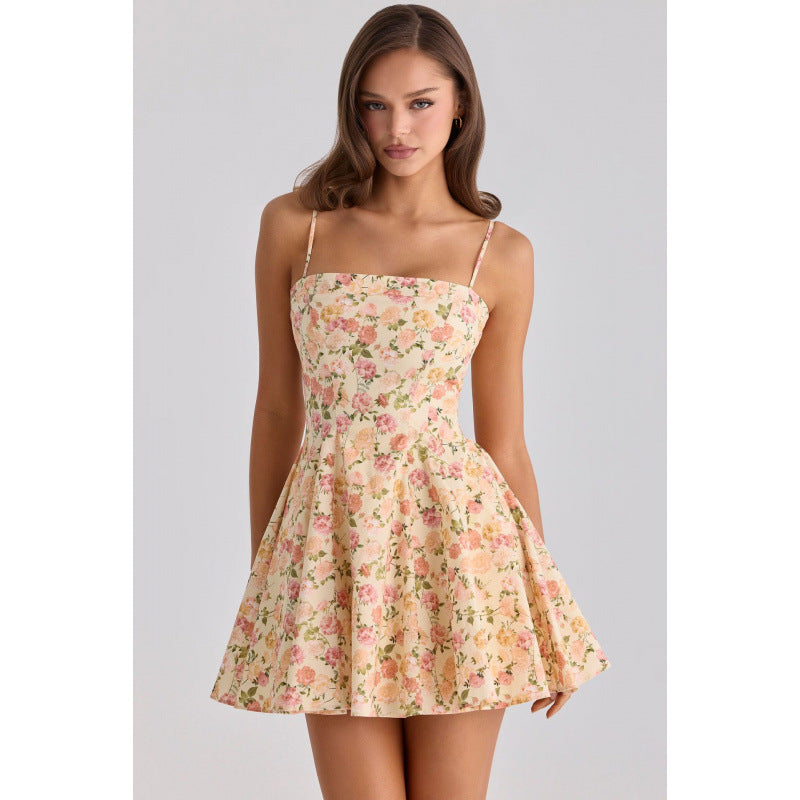 Strap waist-hugging A-line short skirt