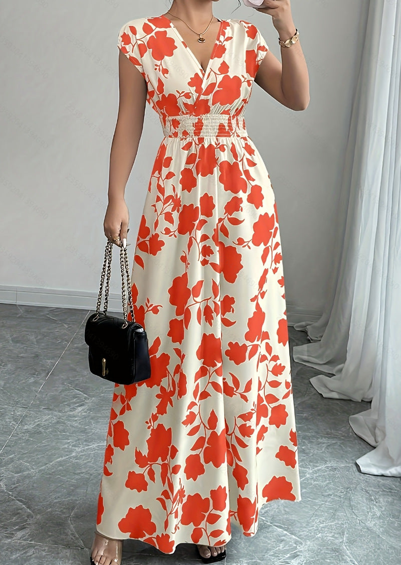 Floral Print V-Neck Lace-Up A-Line Dress