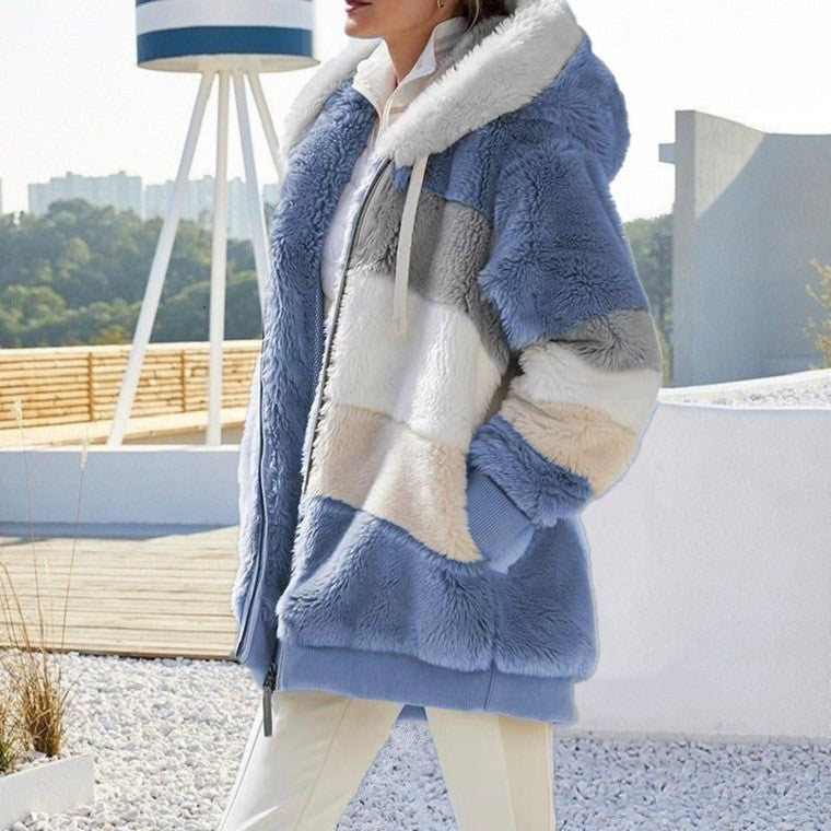 Zipper Pocket Hooded Loose Coat Women